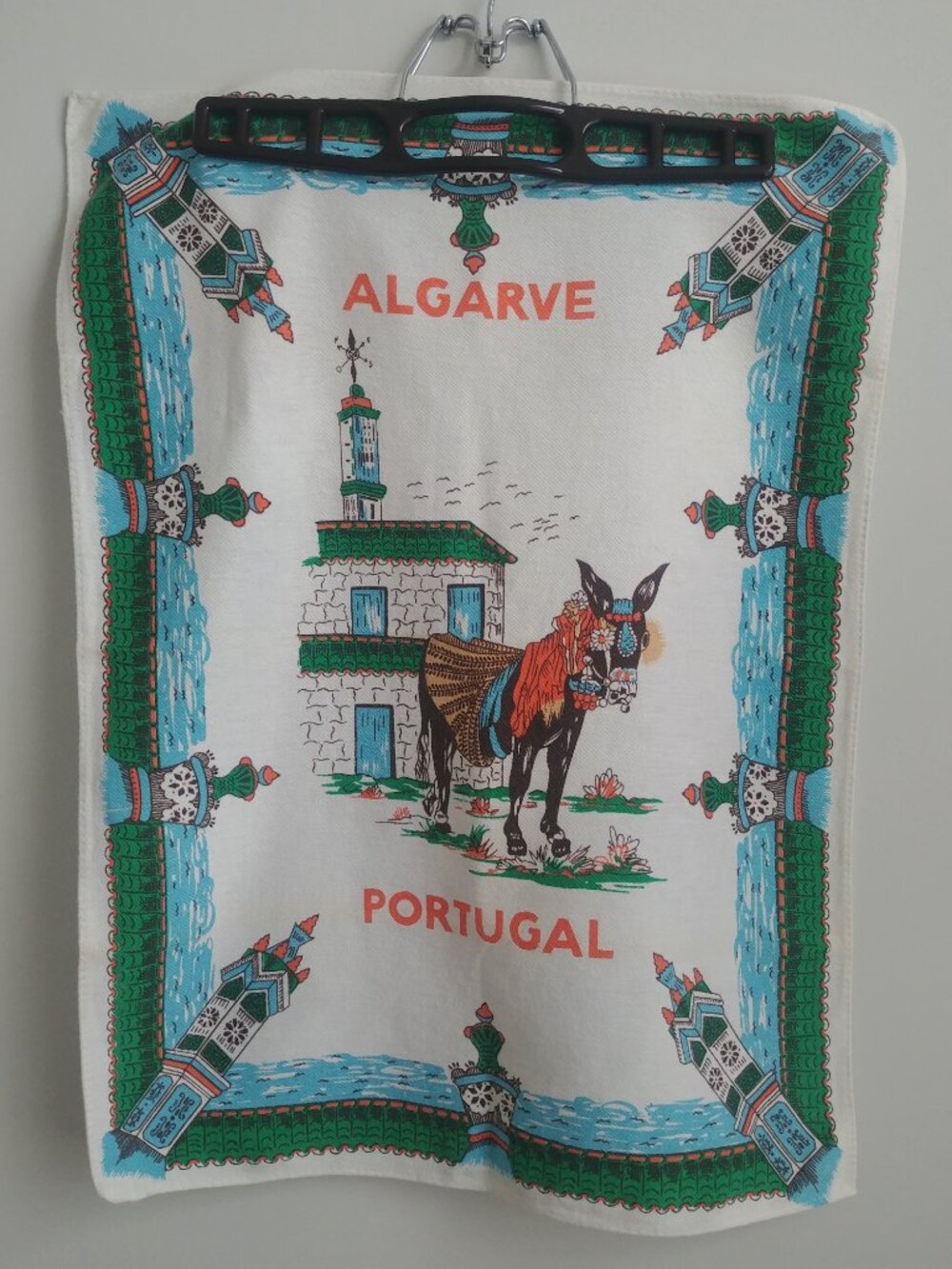 Vintage Algarve Portuga blue green donkey kitchen tea towel